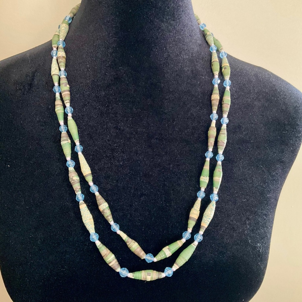 Handmade Paper Bead Necklace Green Blue Long Boho Indie Spindle Bead Strand 53in